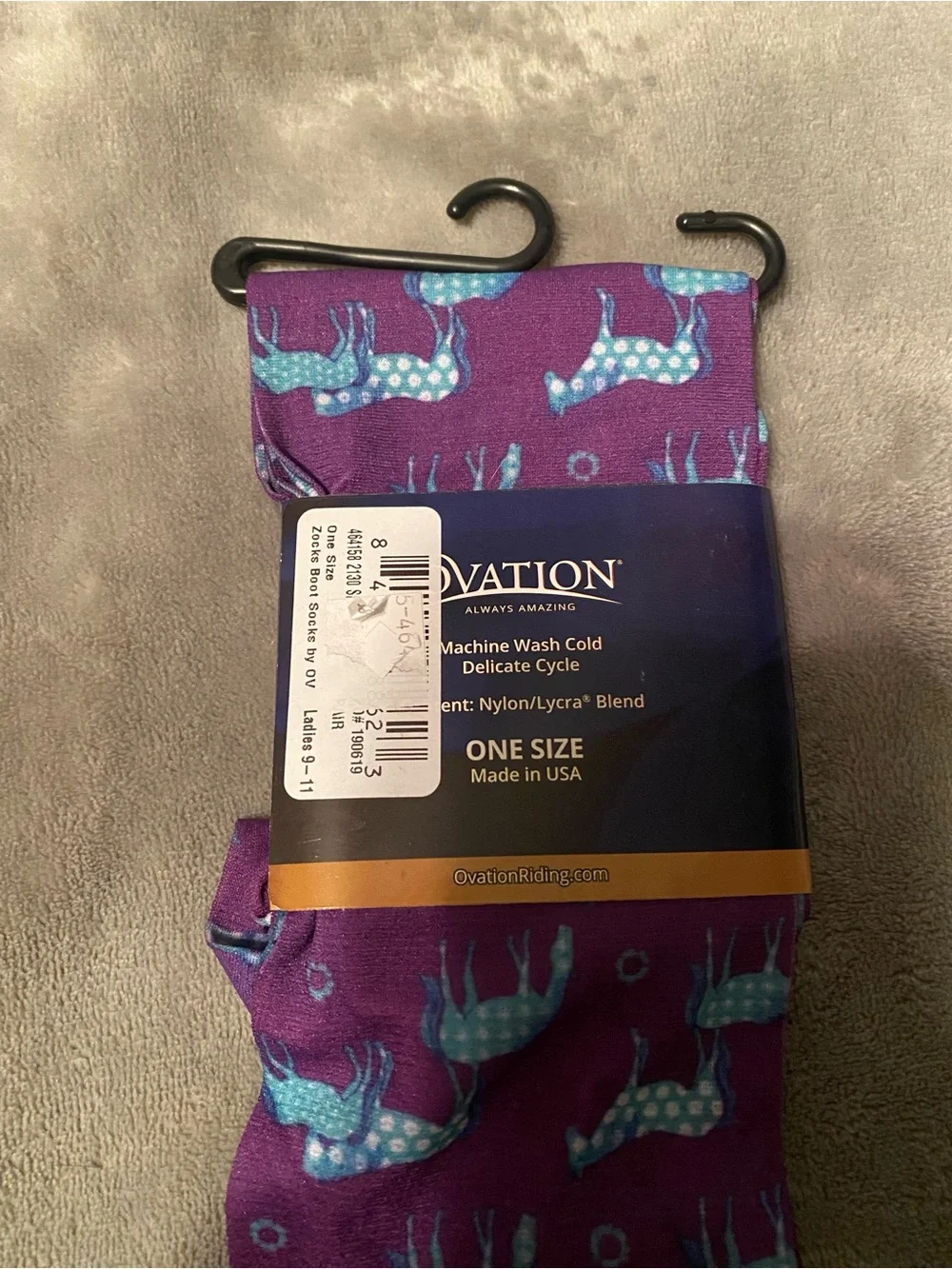 Ovation Zocks Purple Socks with Blue Horse Print - One Size